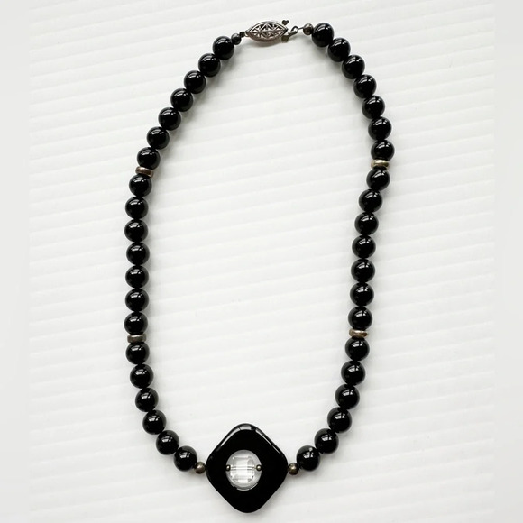 Vintage Black and Crystal Beaded Necklace Choker Square Bead Costume Jewelry - Picture 3 of 7